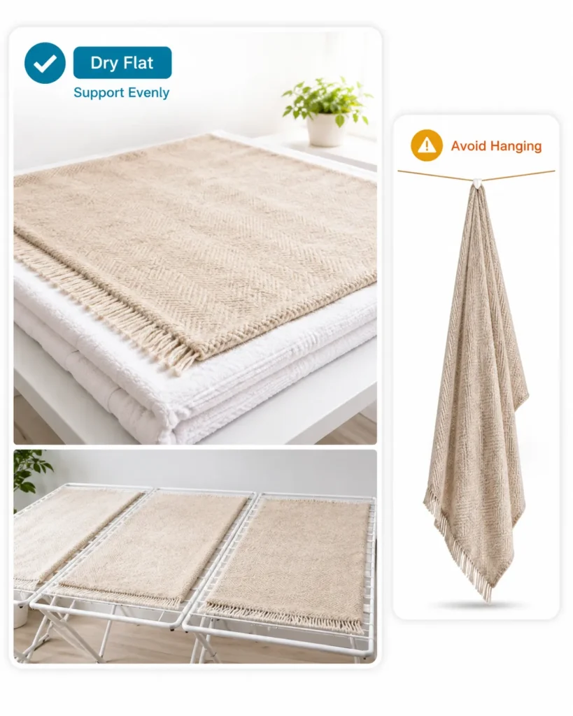 wool rug drying flat on towel with weights to reshape